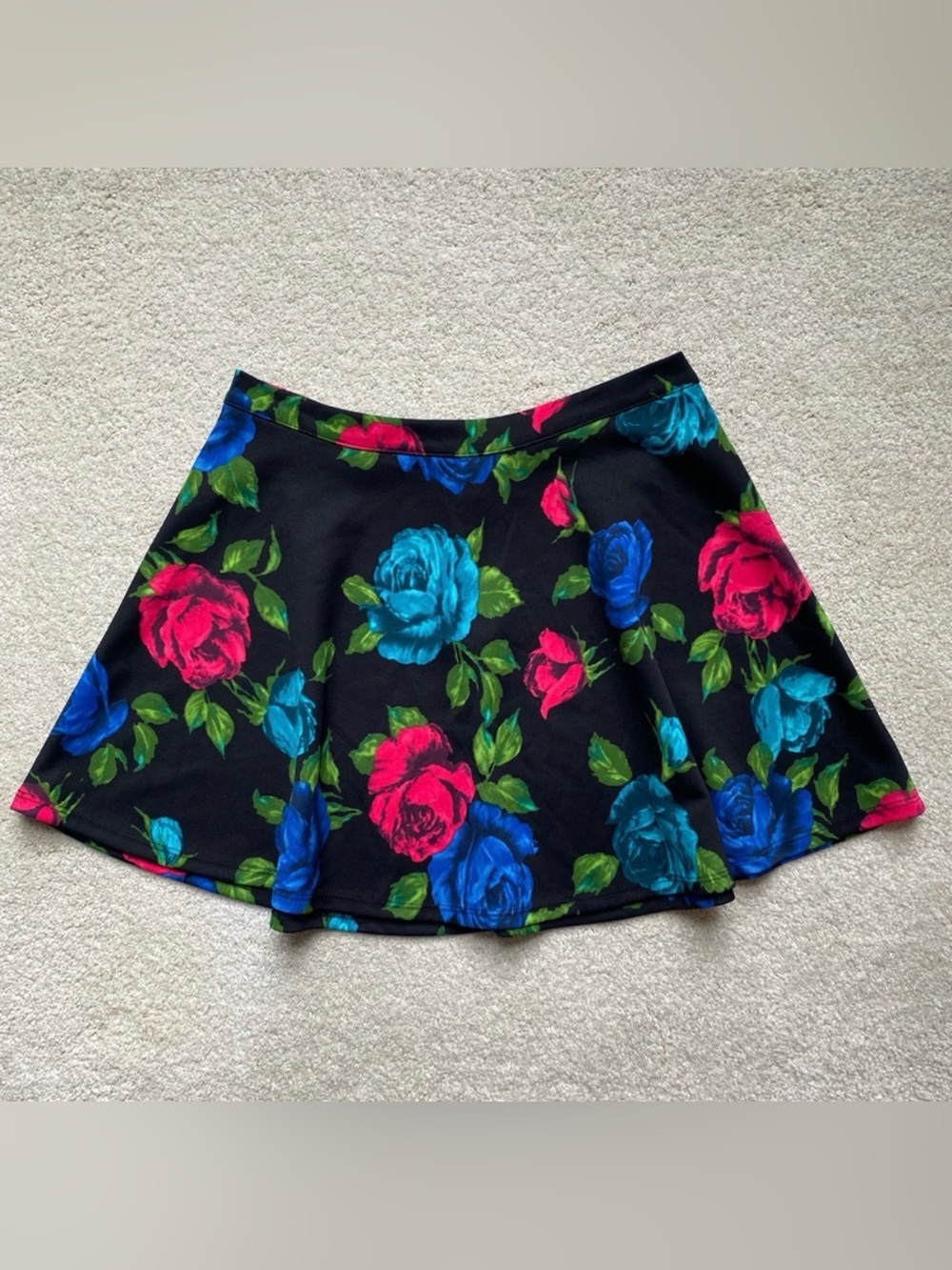 Black Mini Skater Skirt with Blue and Pink Floral Print